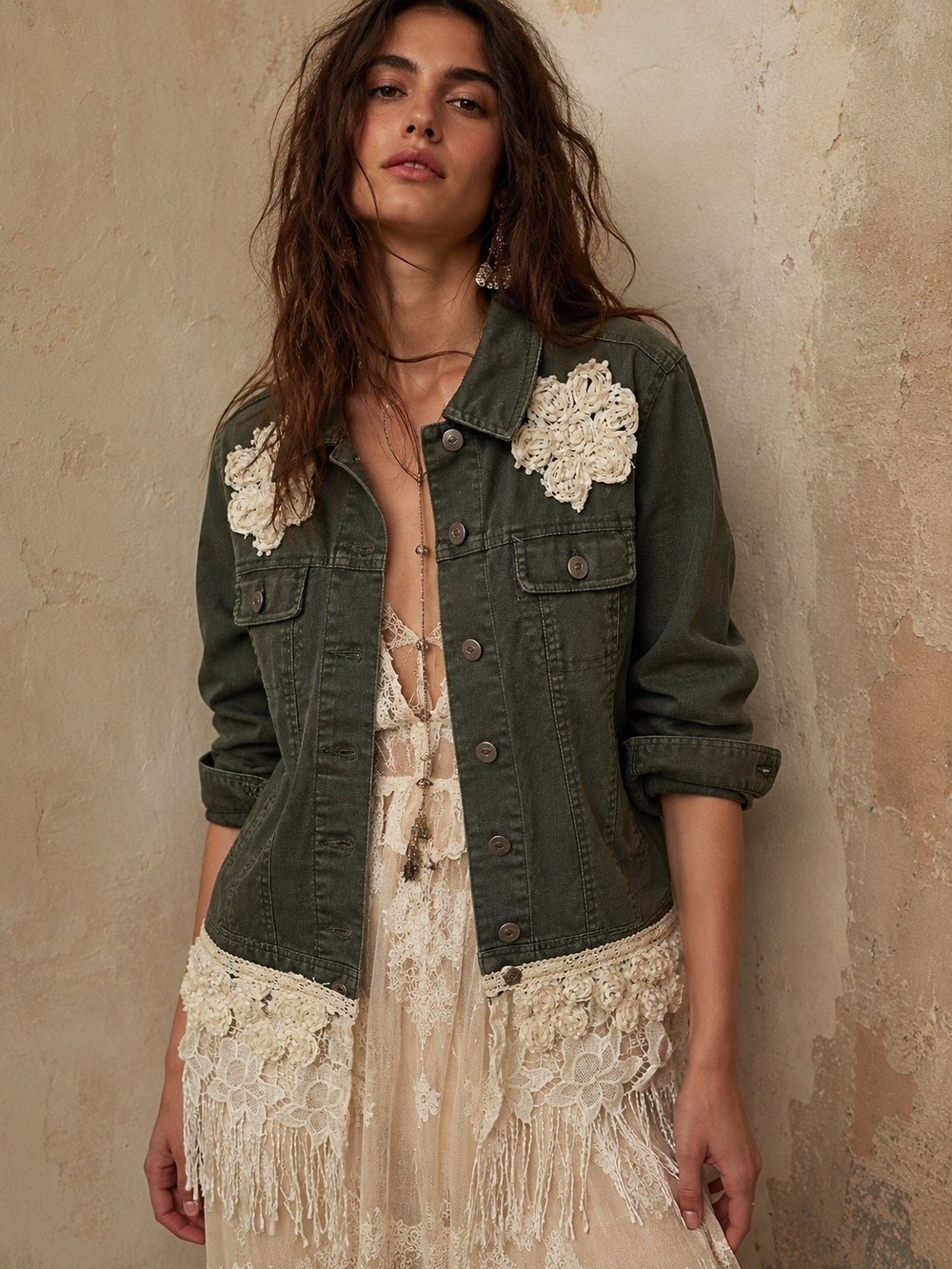 Cotton Ginny Olive Utility Jacket M Boho Lace Fringe Floral Applique Lagenlook